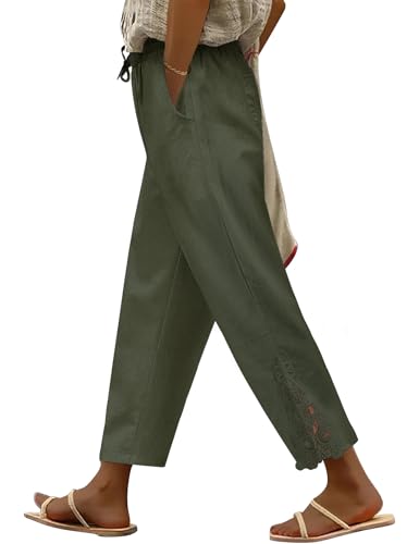 UMIPUBO Damen Hose Sommer 7/8 Lang Leicht Sommerhose mit Tunnelzug und Taschen Baumwolle Stoffhose Leinen Pants Elegant Freizeithose Luftig Hosen Casual Bequeme Einfarbig (Grün, L) von UMIPUBO