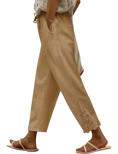 UMIPUBO Damen Hose Sommer 7/8 Lang Leicht Sommerhose mit Tunnelzug und Taschen Baumwolle Stoffhose Leinen Pants Elegant Freizeithose Luftig Hosen Casual Bequeme Einfarbig (Khaki, S) von UMIPUBO