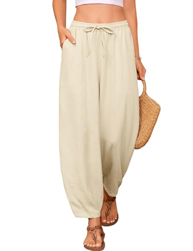 UMIPUBO Damen Hose Sommer 7/8 Sommerhose Elastische Taille Freizeithose Leichte Capris Hosen Casual Loose Fit Stoffhose Lockere Palazzohose Haremhose mit Taschen Kordelzug (Aprikose, L) von UMIPUBO