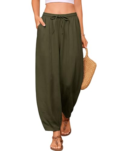 UMIPUBO Damen Hose Sommer 7/8 Sommerhose Elastische Taille Freizeithose Leichte Capris Hosen Casual Loose Fit Stoffhose Lockere Palazzohose Haremhose mit Taschen Kordelzug (Armeegrün, S) von UMIPUBO