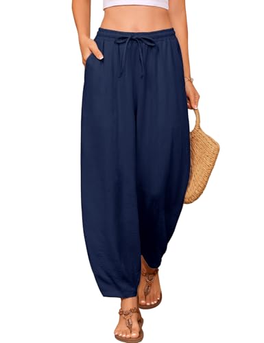 UMIPUBO Damen Hose Sommer 7/8 Sommerhose Elastische Taille Freizeithose Leichte Capris Hosen Casual Loose Fit Stoffhose Lockere Palazzohose Haremhose mit Taschen Kordelzug (Marineblau, L) von UMIPUBO