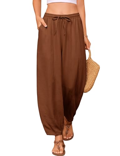 UMIPUBO Damen Hose Sommer 7/8 Sommerhose Elastische Taille Freizeithose Leichte Capris Hosen Casual Loose Fit Stoffhose Lockere Palazzohose Haremhose mit Taschen Kordelzug (braun, L) von UMIPUBO