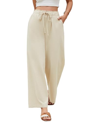 UMIPUBO Damen Hose Sommer Leichte Baumwolle Hosen Weites Bein Sommerhose Elastische Taille Freizeithose Einfarbig Casual Loose Fit Elegant Stoffhose mit Taschen (Beige, XL) von UMIPUBO