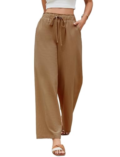 UMIPUBO Damen Hose Sommer Leichte Baumwolle Hosen Weites Bein Sommerhose Elastische Taille Freizeithose Einfarbig Casual Loose Fit Elegant Stoffhose mit Taschen (Khaki, M) von UMIPUBO