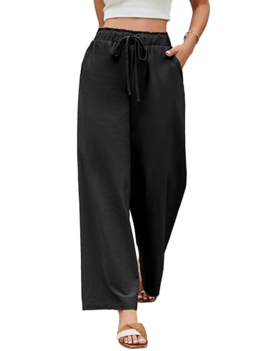 UMIPUBO Damen Hose Sommer Leichte Baumwolle Hosen Weites Bein Sommerhose Elastische Taille Freizeithose Einfarbig Casual Loose Fit Elegant Stoffhose mit Taschen (Schwarz, L) von UMIPUBO
