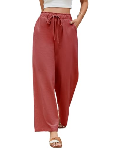 UMIPUBO Damen Hose Sommer Leichte Baumwolle Hosen Weites Bein Sommerhose Elastische Taille Freizeithose Einfarbig Casual Loose Fit Elegant Stoffhose mit Taschen (Ziegelrot, S) von UMIPUBO