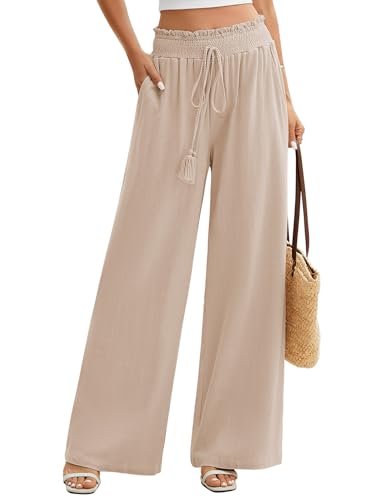 UMIPUBO Leinenhose Damen Sommer Hose Leichte Baumwolle Weites Bein Hose Elastische Taille Sommerhose Lounge Elegante Palazzo Freizeithose Einfarbig Lang Stoffhose Mit Taschen (Aprikose, M) von UMIPUBO