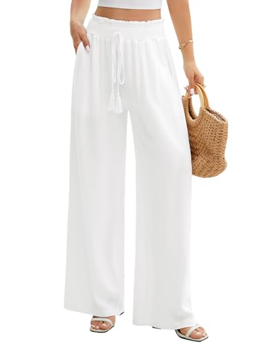 UMIPUBO Leinenhose Damen Sommer Hose Leichte Baumwolle Weites Bein Hose Elastische Taille Sommerhose Lounge Elegante Palazzo Freizeithose Einfarbig Lang Stoffhose Mit Taschen (Beige, S) von UMIPUBO