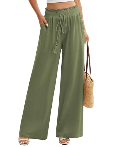 UMIPUBO Leinenhose Damen Sommer Hose Leichte Baumwolle Weites Bein Hose Elastische Taille Sommerhose Lounge Elegante Palazzo Freizeithose Einfarbig Lang Stoffhose Mit Taschen (Grün, S) von UMIPUBO