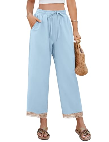 UMIPUBO Damen Hosen Sommer 7/8 Lang Sommerhose Baumwolle Leichte Causal Stoffhose Elastisch Waist Luftig Leinen Pants Strandhose Freizeithose mit Tunnelzug und Taschen (Blau, XXL) von UMIPUBO