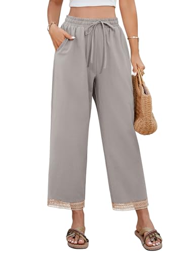 UMIPUBO Damen Hosen Sommer 7/8 Lang Sommerhose Baumwolle Leichte Causal Stoffhose Elastisch Waist Luftig Leinen Pants Strandhose Freizeithose mit Tunnelzug und Taschen (Grau, XL) von UMIPUBO