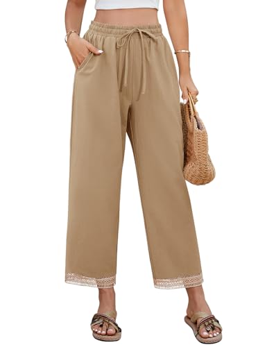 UMIPUBO Damen Hosen Sommer 7/8 Lang Sommerhose Baumwolle Leichte Causal Stoffhose Elastisch Waist Luftig Leinen Pants Strandhose Freizeithose mit Tunnelzug und Taschen (Khaki, M) von UMIPUBO