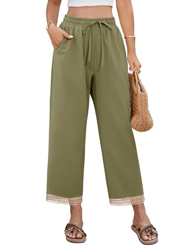 UMIPUBO Damen Hosen Sommer 7/8 Lang Sommerhose Baumwolle Leichte Causal Stoffhose Elastisch Waist Luftig Leinen Pants Strandhose Freizeithose mit Tunnelzug und Taschen (Grün, XL) von UMIPUBO