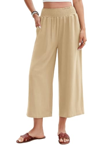 UMIPUBO Damen Leinenhose Sommer 3/4 Culotte Hose Leichte Weite Casual Baumwolle Freizeithose Elegant Sommerhose Elastische Taille Stoffhose Loose Fit Strandhose mit Taschen (Khaki, XL) von UMIPUBO