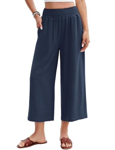 UMIPUBO Damen Leinenhose Sommer 3/4 Culotte Hose Leichte Weite Casual Baumwolle Freizeithose Elegant Sommerhose Elastische Taille Stoffhose Loose Fit Strandhose mit Taschen (Marineblau, S) von UMIPUBO