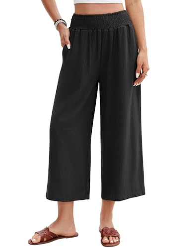 UMIPUBO Damen Leinenhose Sommer 3/4 Culotte Hose Leichte Weite Casual Baumwolle Freizeithose Elegant Sommerhose Elastische Taille Stoffhose Loose Fit Strandhose mit Taschen (Schwarz, S) von UMIPUBO