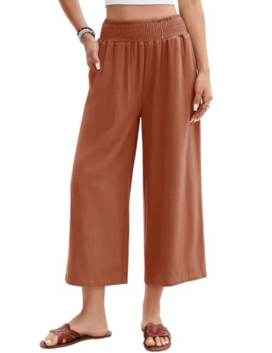 UMIPUBO Damen Leinenhose Sommer 3/4 Culotte Hose Leichte Weite Casual Baumwolle Freizeithose Elegant Sommerhose Elastische Taille Stoffhose Loose Fit Strandhose mit Taschen (Ziegelrot, XXL) von UMIPUBO