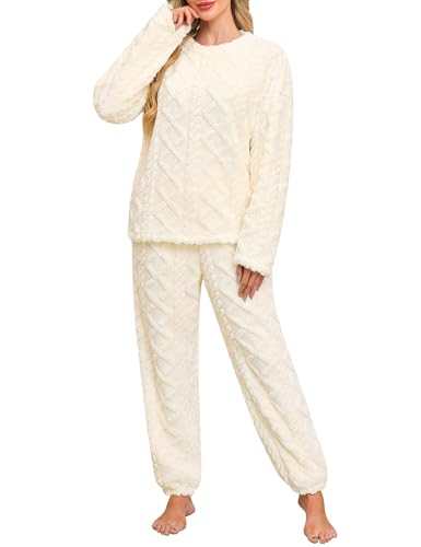 UMIPUBO Damen Schlafanzug Lang Pyjama Set Winter Flauschigem Loungewear Hausanzug Frauen Thermo Fleece Zweiteiliger Warm Nachtwäsche Lose Oberteile Hosen Freizeitanzug Mit Tasche S-XXL (Beige, M) von UMIPUBO