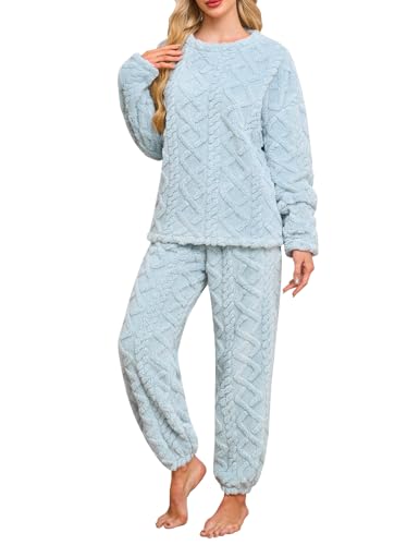 UMIPUBO Damen Schlafanzug Lang Pyjama Set Winter Flauschigem Loungewear Hausanzug Frauen Thermo Fleece Zweiteiliger Warm Nachtwäsche Lose Oberteile Hosen Freizeitanzug Mit Tasche S-XXL (Blau, XL) von UMIPUBO