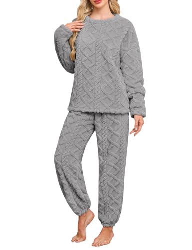 UMIPUBO Damen Schlafanzug Lang Pyjama Set Winter Flauschigem Loungewear Hausanzug Frauen Thermo Fleece Zweiteiliger Warm Nachtwäsche Lose Oberteile Hosen Freizeitanzug Mit Tasche S-XXL (Grau, L) von UMIPUBO
