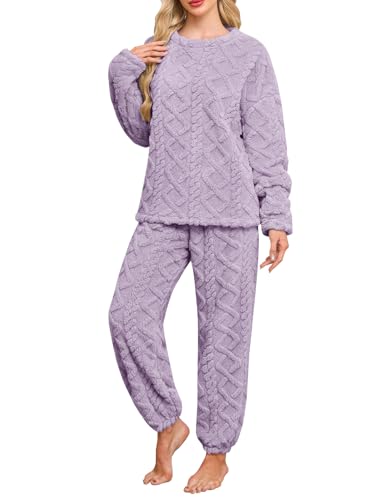 UMIPUBO Damen Schlafanzug Lang Pyjama Set Winter Flauschigem Loungewear Hausanzug Frauen Thermo Fleece Zweiteiliger Warm Nachtwäsche Lose Oberteile Hosen Freizeitanzug Mit Tasche S-XXL (Lila, L) von UMIPUBO