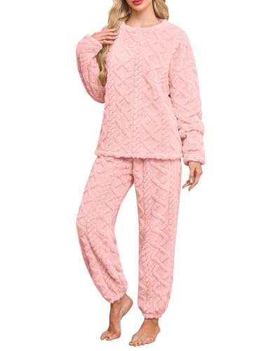 UMIPUBO Damen Schlafanzug Lang Pyjama Set Winter Flauschigem Loungewear Hausanzug Frauen Thermo Fleece Zweiteiliger Warm Nachtwäsche Lose Oberteile Hosen Freizeitanzug Mit Tasche S-XXL (Rosa, L) von UMIPUBO