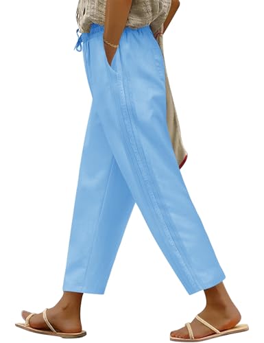 UMIPUBO Damen Sommerhose 7/8 Lang Sommer Hose Baumwollhosen Elastische Taille Freizeithose Capris Hosen Casual Loose Fit Leichte Stoffhose Palazzohose mit Taschen Kordelzug (Blau, XXL) von UMIPUBO