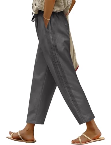 UMIPUBO Damen Sommerhose 7/8 Lang Sommer Hose Baumwollhosen Elastische Taille Freizeithose Capris Hosen Casual Loose Fit Leichte Stoffhose Palazzohose mit Taschen Kordelzug (Grau, L) von UMIPUBO