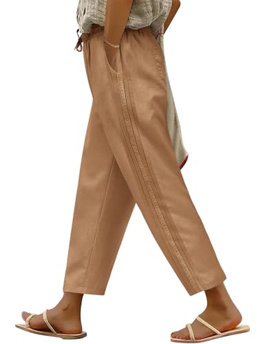 UMIPUBO Damen Sommerhose 7/8 Lang Sommer Hose Baumwollhosen Elastische Taille Freizeithose Capris Hosen Casual Loose Fit Leichte Stoffhose Palazzohose mit Taschen Kordelzug (Khaki, M) von UMIPUBO