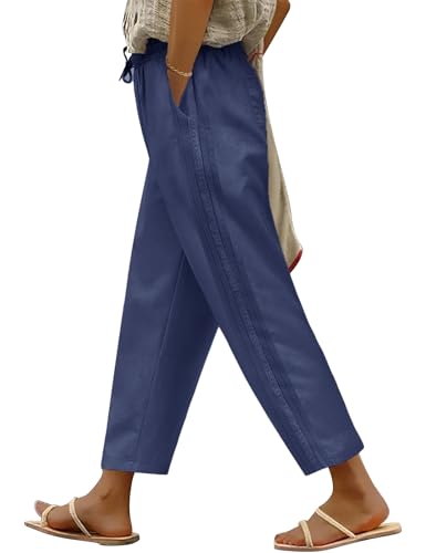 UMIPUBO Damen Sommerhose 7/8 Lang Sommer Hose Baumwollhosen Elastische Taille Freizeithose Capris Hosen Casual Loose Fit Leichte Stoffhose Palazzohose mit Taschen Kordelzug (Marine, S) von UMIPUBO