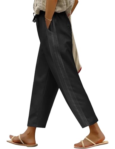 UMIPUBO Damen Sommerhose 7/8 Lang Sommer Hose Baumwollhosen Elastische Taille Freizeithose Capris Hosen Casual Loose Fit Leichte Stoffhose Palazzohose mit Taschen Kordelzug (Schwarz, XL) von UMIPUBO
