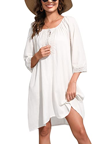 UMIPUBO Damen Strandkleid Sommer Leicht Luftig, Pareos Sommerkleider Bikini Cover Up Locker, Boho Strandponcho Vertuschung Kurz Sonnenschutz für Urlaub (Weiß) von UMIPUBO