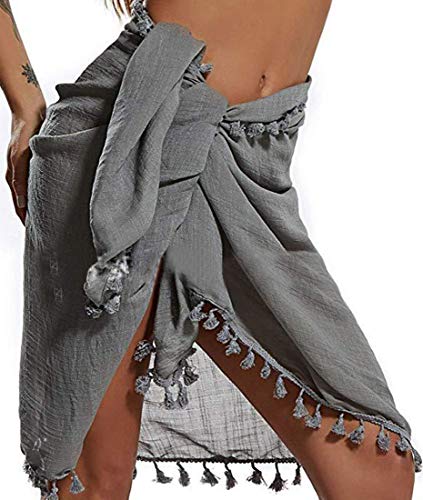 UMIPUBO Damen Strandtuch Sarong Pareo Halbtransparent Strandbedeckung mit Quasten Sommer Bademode Bikini Cover up Strandkleid(Khaki,Einheitsgröße) von UMIPUBO