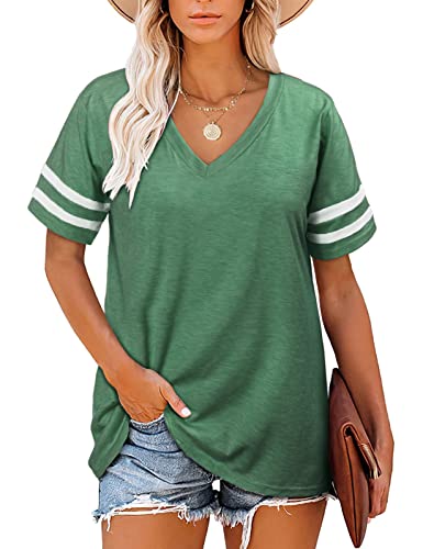 UMIPUBO Damen T-Shirt Kurzarm Modisches Gestreiftes Ärmel V-Ausschnitt T Shirts Oversized Mode Lose Tops Sommer Grosse Grössen T Shirt(Grün,M) von UMIPUBO