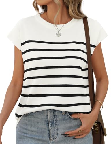 UMIPUBO Damen T-Shirt Sommer Kurzarm Gestreift Rundhals Tops Basic Casual Elegant Weiß M von UMIPUBO