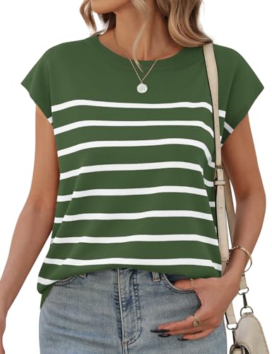 UMIPUBO Damen T-Shirt Sommer Kurzarm Gestreift Rundhals XXL Grün von UMIPUBO
