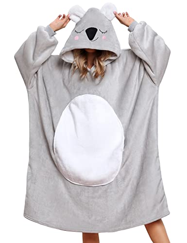 UMIPUBO Decken Hoodie Damen Herren, Süße Tierform Hoodie Decke Pullover Super Weiche Gemütliche Warme Kapuzenpullover Plüsch Hoodie Sweatshirt (A-Grau,Einheitsgröße) von UMIPUBO