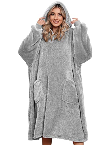UMIPUBO Decken Hoodie Sweatshirt, Oversized Sherpa Blanket Kapuzenpullover, Warmer Winterpullover Blanket, Sweatshirt Decke mit Zwei Taschen,Super Weich und Bequem (Hellgrau,Einheitsgröße) von UMIPUBO