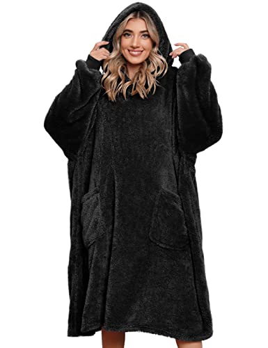 UMIPUBO Decken Hoodie Sweatshirt, Oversized Sherpa Blanket Kapuzenpullover, Warmer Winterpullover Blanket, Sweatshirt Decke mit Zwei Taschen,Super Weich und Bequem (Schwarz,Einheitsgröße) von UMIPUBO