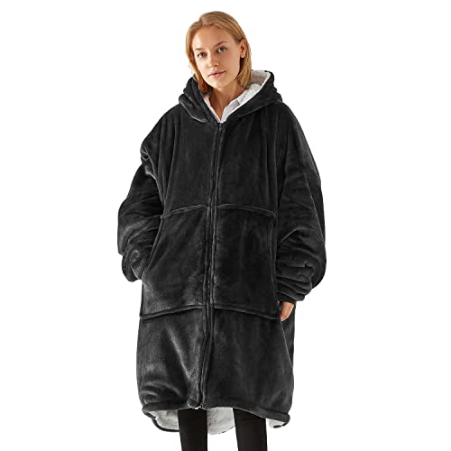UMIPUBO Decken Hoodie Unisex, Super Weich Flanell Lang Decke Sweatshirt, Einfarbiges Kapuzenpullover mit übergroßer Tasche, Reißverschluss Blanket Hoodie, Einheitsgröße(Schwarz) von UMIPUBO