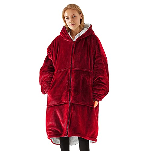 UMIPUBO Decken Hoodie Unisex, Super Weich Flanell Lang Decke Sweatshirt, Einfarbiges Kapuzenpullover mit übergroßer Tasche, Reißverschluss Blanket Hoodie, Einheitsgröße(Weinrot) von UMIPUBO