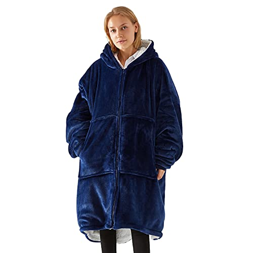 UMIPUBO Decken Hoodie Unisex, Super Weich Flanell Lang Decke Sweatshirt, Einfarbiges Kapuzenpullover mit übergroßer Tasche, Reißverschluss Blanket Hoodie, Einheitsgröße (Marine) von UMIPUBO