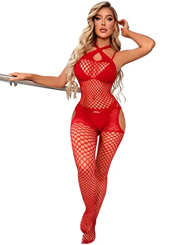 UMIPUBO Dessous Damen Sexy Unterwäsche, Strapsen Dessous Set Mesh Chemise Babydoll Halfter Transparente Strümpfe Baby Dolls Negligees Kein Tanga(Rot-E,Einheitsgröße) von UMIPUBO