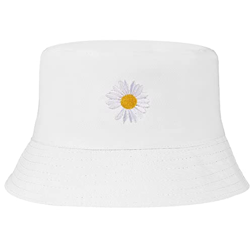 UMIPUBO Fischerhut Bucket Hat Smile Herren Damen Bunt,Sonnenhut Sommerhut Bestickte Fischerhüte,Blumendruck Früchte Druck Mütze,Freizeithut Anglerhut Unisex Hüte (Gänseblümchen - Weiß) von UMIPUBO