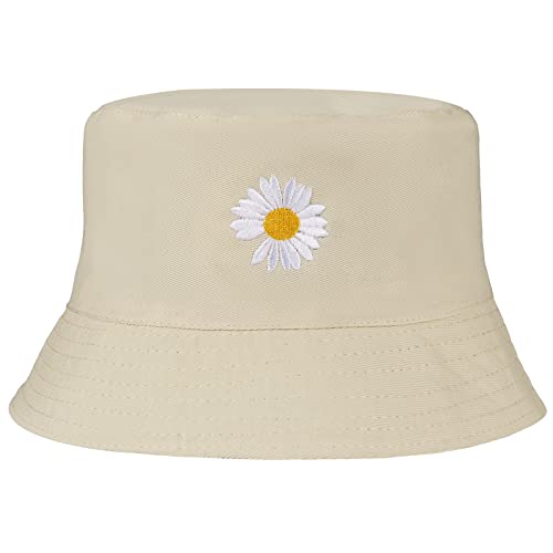 UMIPUBO Fischerhut Bucket Hat Smile Herren Damen Bunt,Sonnenhut Sommerhut Bestickte Fischerhüte,Blumendruck Früchte Druck Mütze,Freizeithut Anglerhut Unisex Hüte (Gänseblümchen - beige) von UMIPUBO