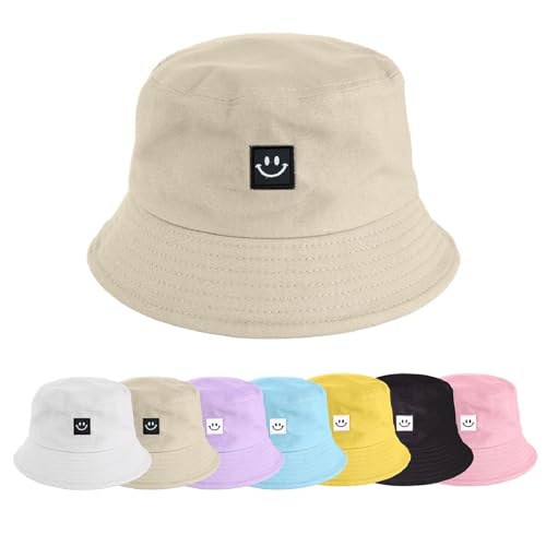 UMIPUBO Fischerhut Bucket Hat Smile Herren Damen Bunt,Sonnenhut Sommerhut Bestickte Fischerhüte,Blumendruck Früchte Druck Mütze,Freizeithut Anglerhut Unisex Hüte (Smile - beige) von UMIPUBO