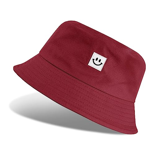 UMIPUBO Fischerhut Bucket Hat Smile Herren Damen Bunt,Sonnenhut Sommerhut Bestickte Fischerhüte,Blumendruck Früchte Druck Mütze,Freizeithut Anglerhut Unisex Hüte (Smile - Rot) von UMIPUBO