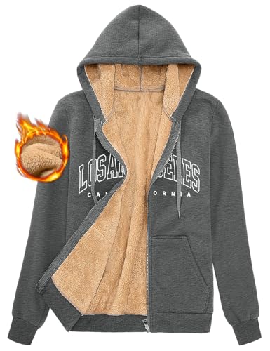 UMIPUBO Fleecejacke Damen Hoodie Fleece Sweatjacke Herbst Winter Sweatshirt mit Kapuze LOS Angeles Muster Kapuzenpullover Zipper Kapuzenjacke Warm Mantel(Dunkelgrau,XL) von UMIPUBO