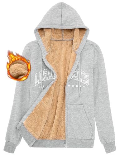UMIPUBO Fleecejacke Damen Hoodie Fleece Sweatjacke Herbst Winter Sweatshirt mit Kapuze LOS Angeles Muster Kapuzenpullover Zipper Kapuzenjacke Warm Mantel(Hellgrau,M) von UMIPUBO