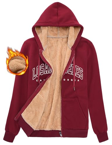 UMIPUBO Fleecejacke Damen Hoodie Fleece Sweatjacke Herbst Winter Sweatshirt mit Kapuze LOS Angeles Muster Kapuzenpullover Zipper Kapuzenjacke Warm Mantel(Rotwein,XXL) von UMIPUBO